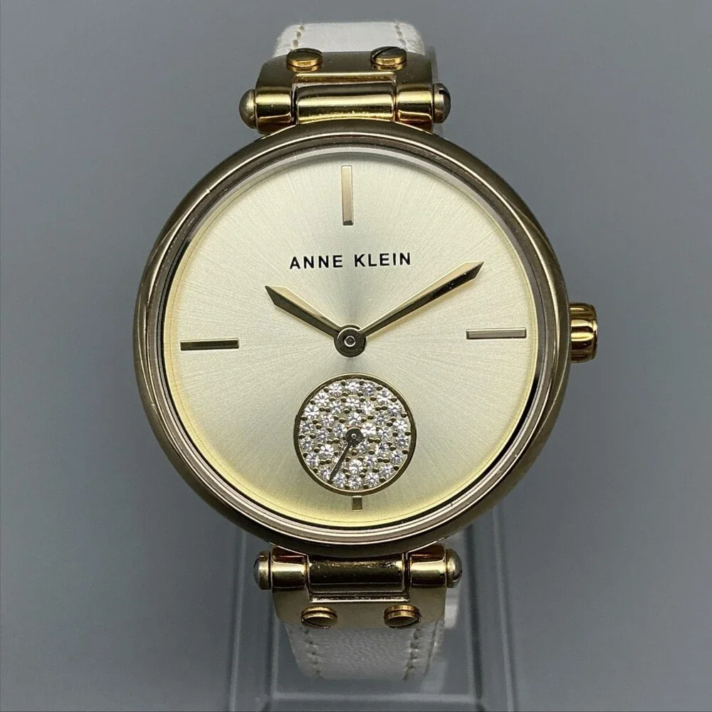 Anne Klein Womens Watch 34mm White Leather Gold Tone AK/3380 New Battery